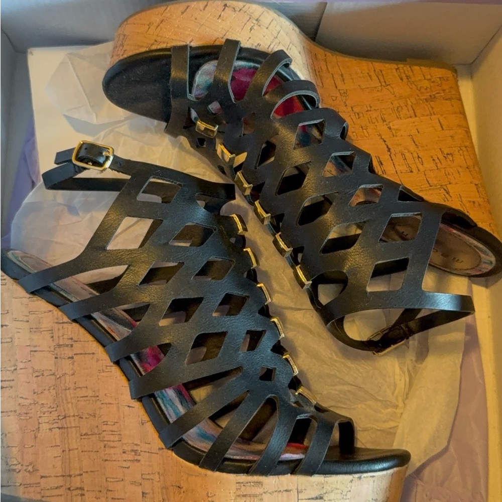 Madden Girl Black Cutout Wedges with Cork Heel